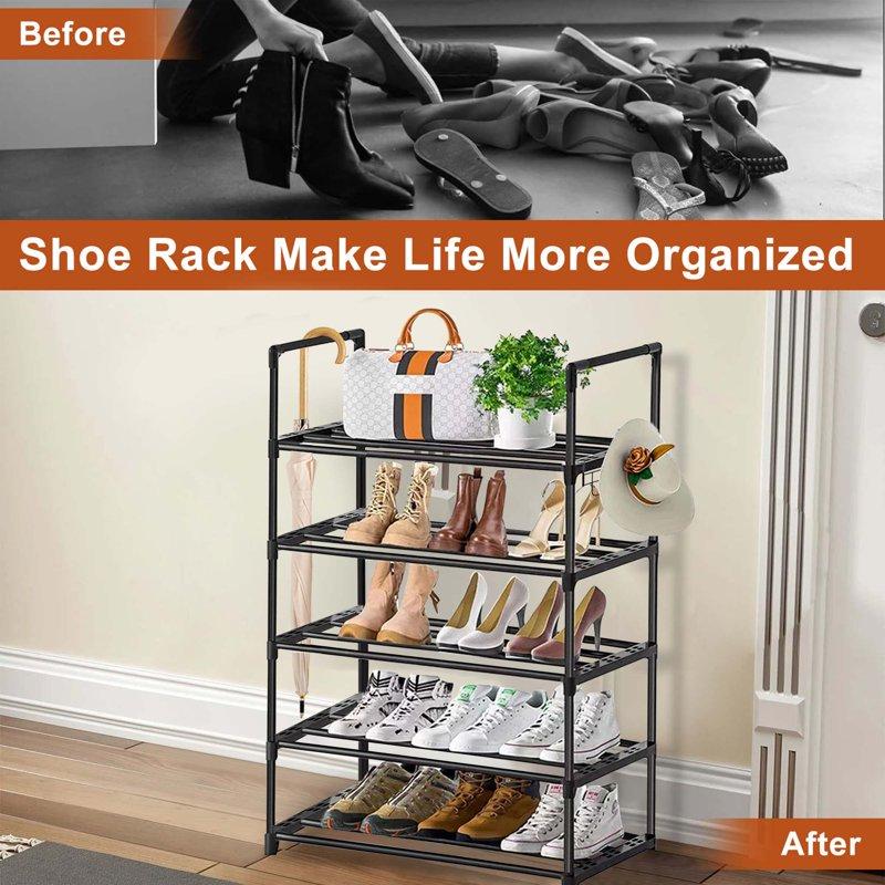 5 Tiers Shoe Rack With Hook Stackable Shoe Organizer Storage For Shoe And Boot Shoe Shelf For Closet Entryway Dorm Garage