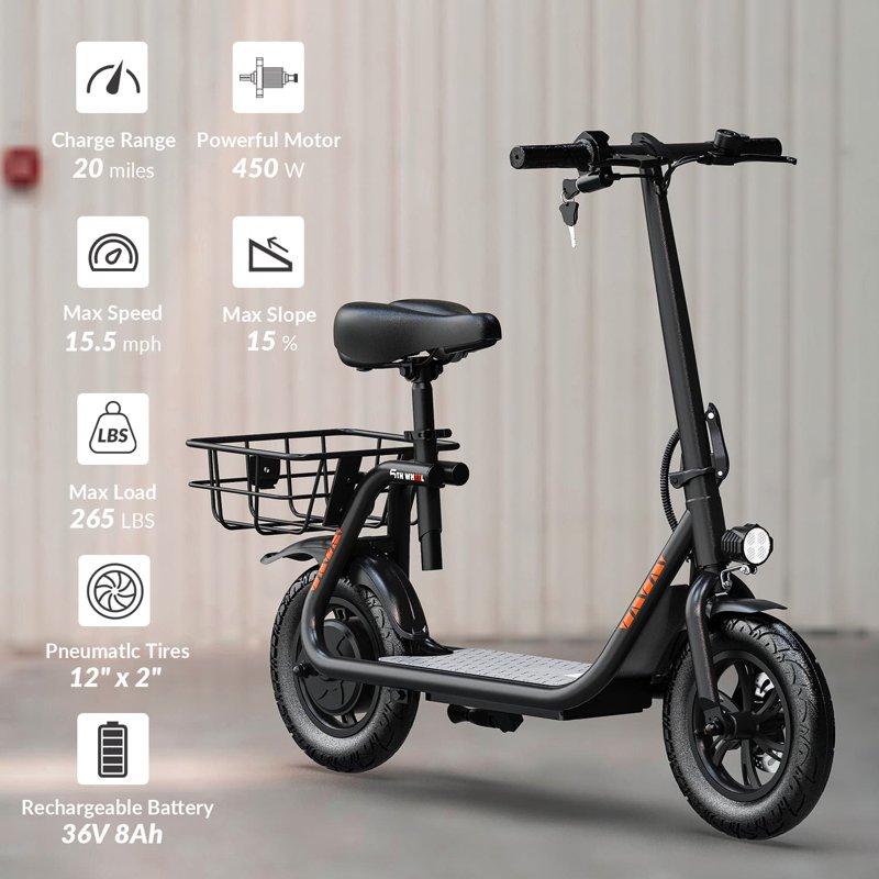 5TH WHEEL W18S 450W Motor Electric Scooter For Adults With Seat And Carry Basket 36V 20Miles Range & 15.5Mph 12" Foldable E Scooter For Commuting