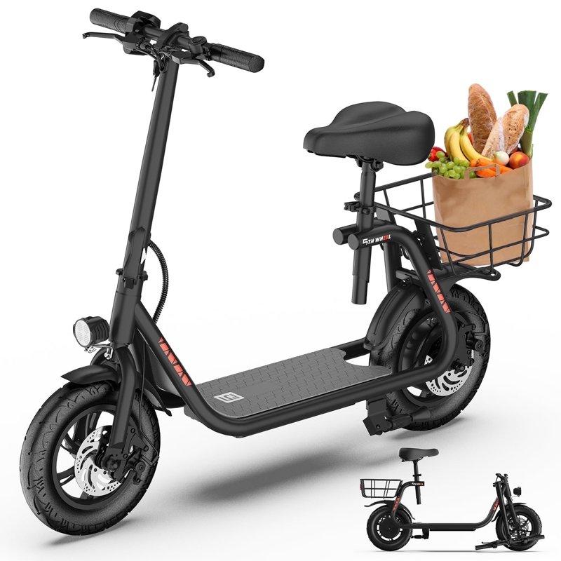 5TH WHEEL W18S 450W Motor Electric Scooter for Adults with Seat and Carry Basket 36V 20Miles Range & 15.5Mph 12" Foldable E Scooter for Commuting