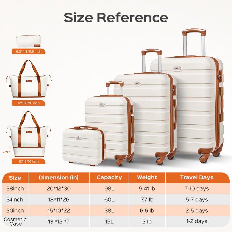6 Piece Luggage Sets With Travel Duffle Bags Lightweight ABS Hard Suitcase White Tan