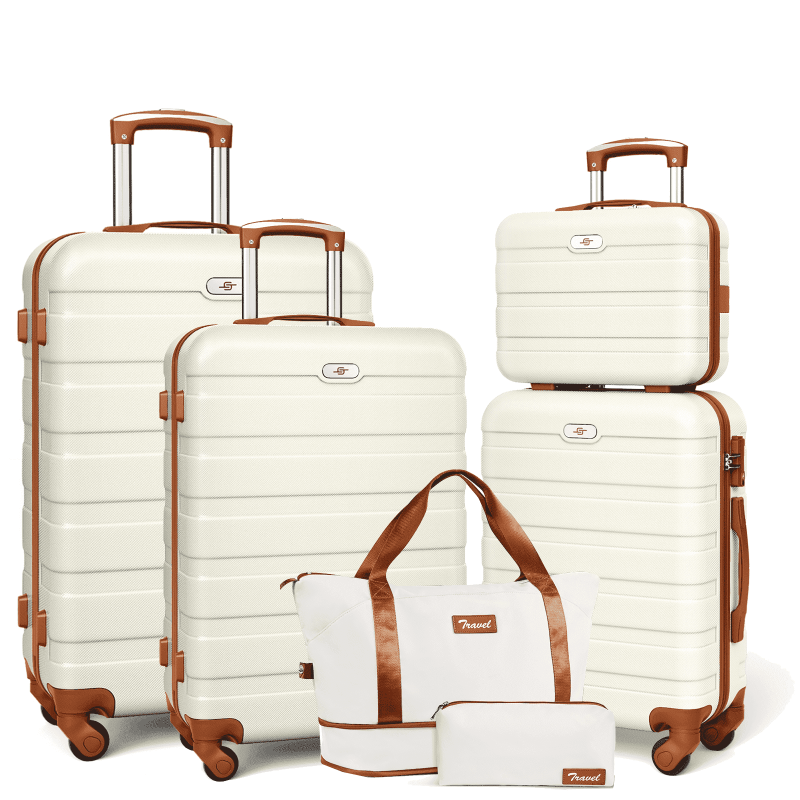 6 Piece Luggage Sets with Travel Duffle Bags Lightweight ABS Hard Suitcase White Tan