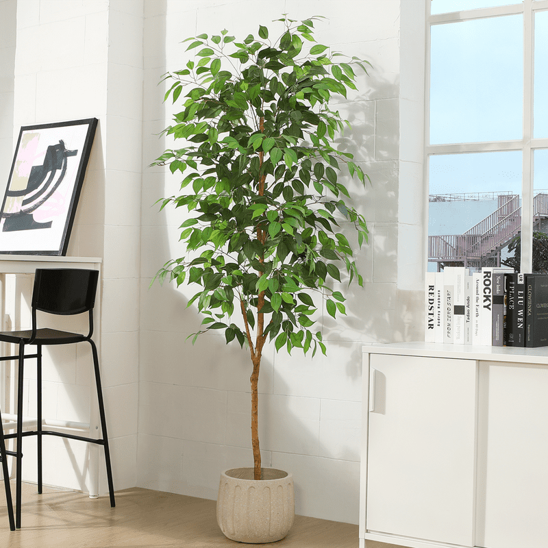 6FT Artificial Ficus Tree with Natural Wood Trunk and Lifelike Leaves Silk Fake Potted Tree with Wood Branches Faux Tree for Office Home Decor