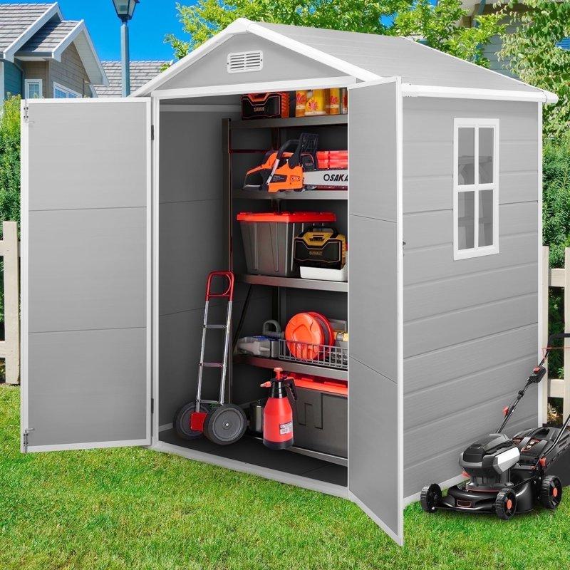 6×4.4ft Outdoor Storage Shed Sesslife All-Weather Plastic Sheds with Reinforced Floor Large Tool Garden Resin Shed storage with Double Lockable Door Window for Bike Lawn Patio Light Gray