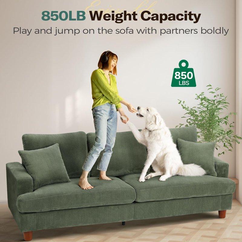87" Corduroy Sofa 3 Seater Sofa With Extra Deep Seats Neche Comfy Upholstered Couch For Living Room 2 Pillows Green