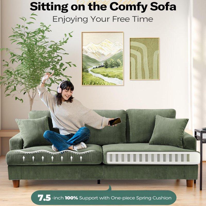 87" Corduroy Sofa 3 Seater Sofa With Extra Deep Seats Neche Comfy Upholstered Couch For Living Room 2 Pillows Green