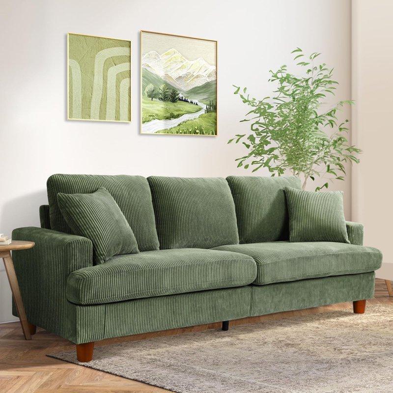 87" Corduroy Sofa 3 Seater Sofa with Extra Deep Seats Neche Comfy Upholstered Couch for Living Room 2 Pillows Green