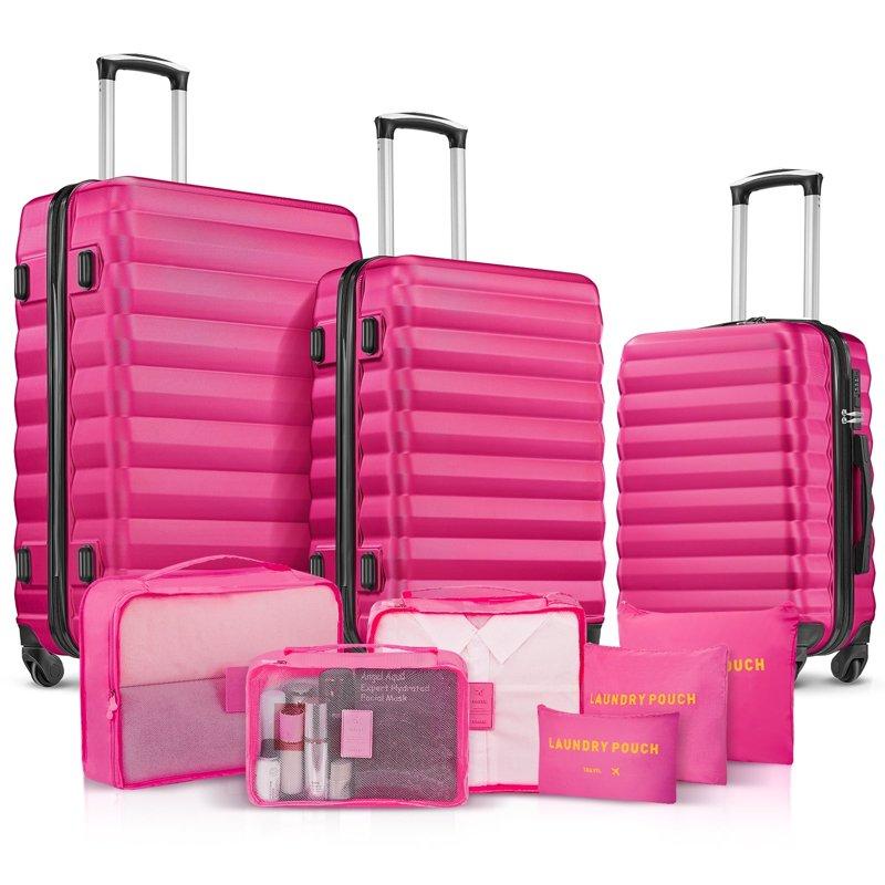 9 Piece Luggage Sets Hard 20 24 28 inch Luggage with 6 Pieces Organize Bags Travel Suitcases Sets with Wheels Rose