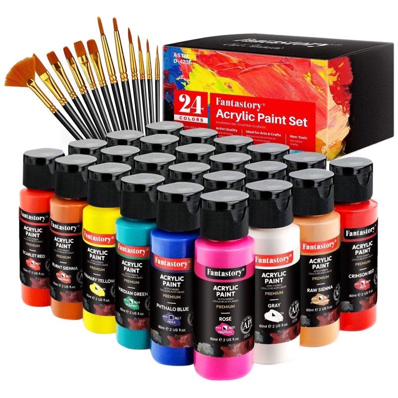 Acrylic Paint Set - 24 Classic Colors (2oz) Craft Paint Kit With 12 Brushes