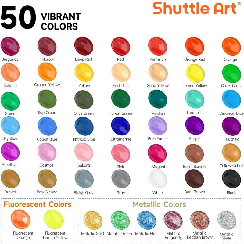 Acrylic Paint Shuttle Art 50 Colors Acrylic Paint Set 2oz/60ml Bottles Rich Pigmented Water Proof Acrylic Paints For Artists Beginners On Canvas Rocks Wood Ceramic Fabric