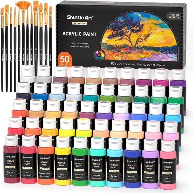 Acrylic Paint Shuttle Art 50 Colors Acrylic Paint Set 2oz/60ml Bottles Rich Pigmented Water Proof Acrylic Paints for Artists Beginners on Canvas Rocks Wood Ceramic Fabric