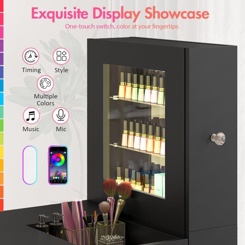 Advwin Modern Manicure Table With RGB Light Display Cabinets Built-in Dust Collector Lockable Wheels Wrist Rest & Ample Storage Beauty Nail Salon Home Workstation Black