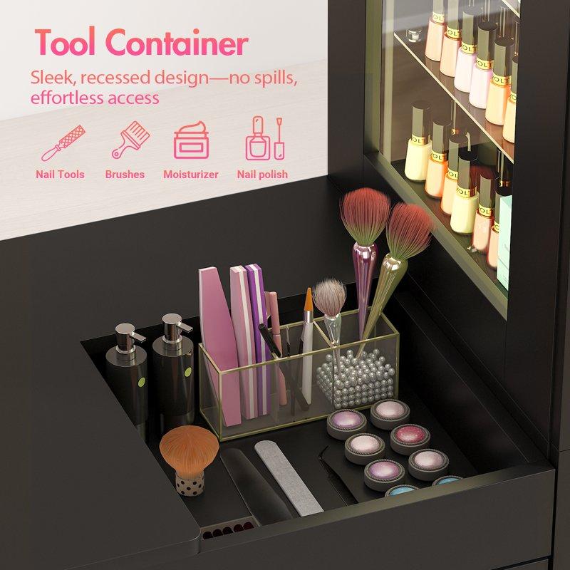 Advwin Modern Manicure Table With RGB Light Display Cabinets Built-in Dust Collector Lockable Wheels Wrist Rest & Ample Storage Beauty Nail Salon Home Workstation Black