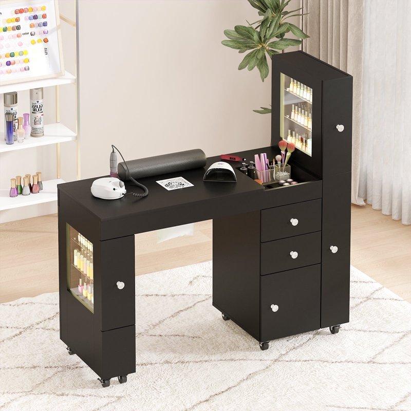 Advwin Modern Manicure Table with RGB Light Display Cabinets Built-in Dust Collector Lockable Wheels Wrist Rest & Ample Storage Beauty Nail Salon Home Workstation Black