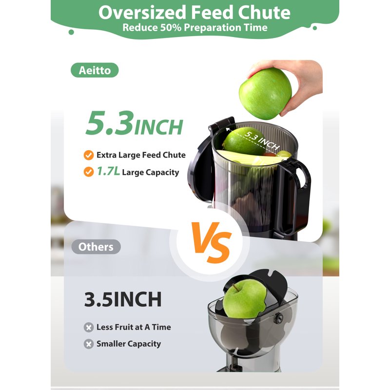 Aeitto Max5 Cold Press Juicer 250W 2-Speed Juicer Machine With 5.3" Lagrge Feed Chute 1.7L High Juice Yiled For Fruits And Vegetables Coal