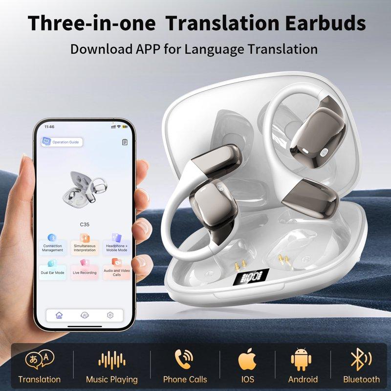 AI Translation Earbuds Real Time Wireless Bluetooth Headphones 144 Languages Two-Way Translator IOS & Android Compatible For Travel Business Learning Sports