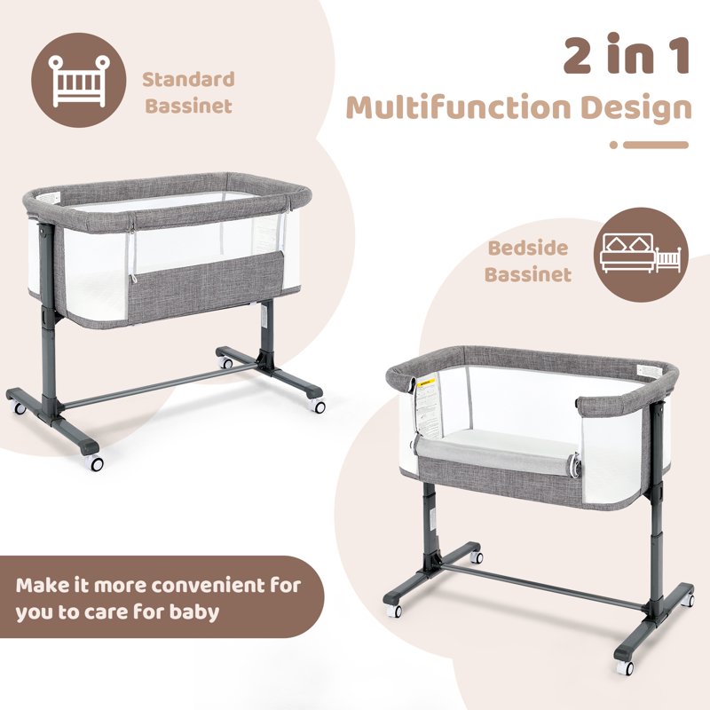 AILEEKISS Baby Bassinet With Wheels Height Adjustable Newborn Bedside Sleeper For Baby Grey