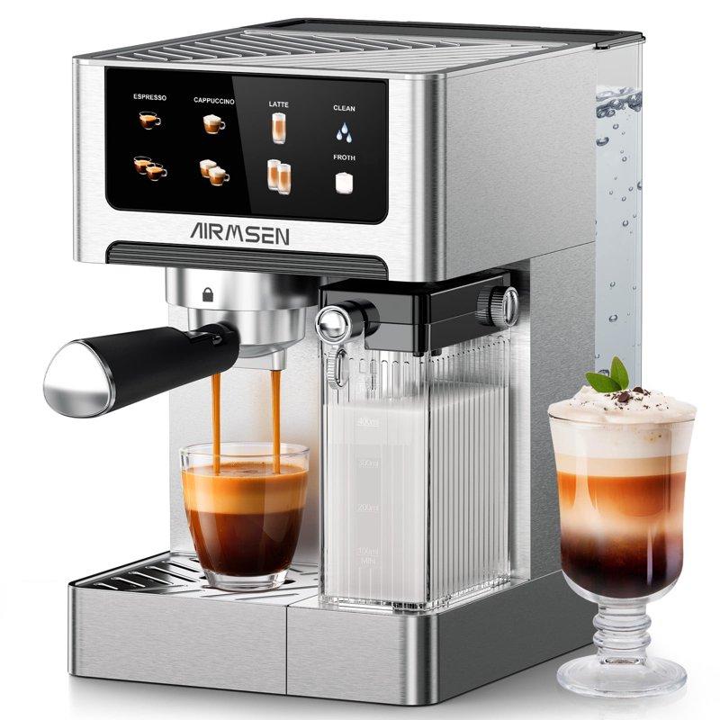 AIRMSEN Espresso Machine With Color Touchscreen 20 Bar Cappuccino Latte Machines With Automatic Milk Frother Dual Boiler Stainless Steel Espresso Maker For Home 1350W