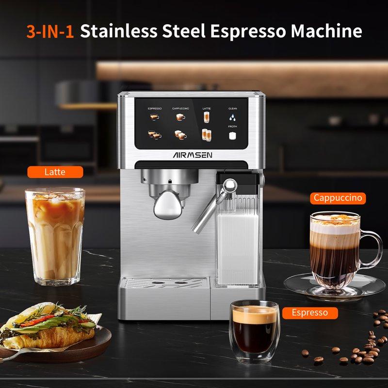 AIRMSEN Espresso Machine With Color Touchscreen 20 Bar Cappuccino Latte Machines With Automatic Milk Frother Dual Boiler Stainless Steel Espresso Maker For Home 1350W