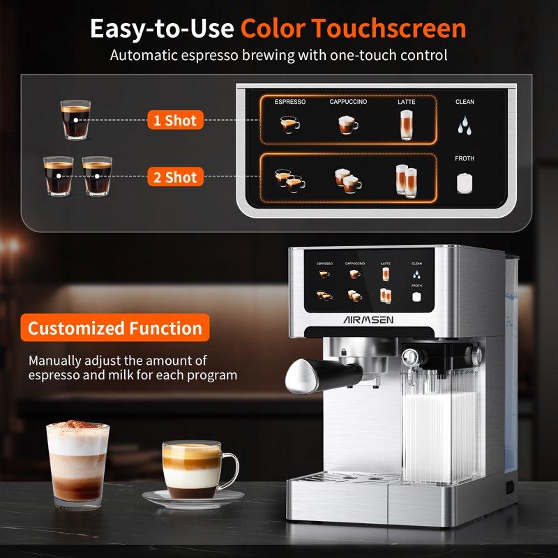 AIRMSEN Espresso Machine With Color Touchscreen 20 Bar Cappuccino Latte Machines With Automatic Milk Frother Dual Boiler Stainless Steel Espresso Maker For Home 1350W