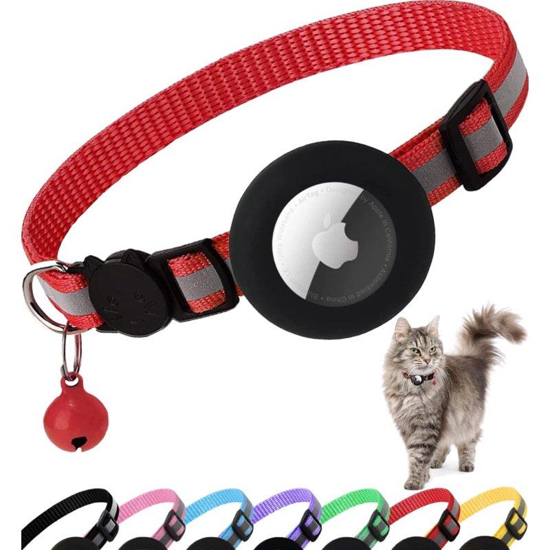 Airtag Cat Collar Breakaway Reflective Kitten Collar with Apple Air Tag Holder and Bell for Girl Boy Cats 0.4 Inches in Width and Lightweight (Red)