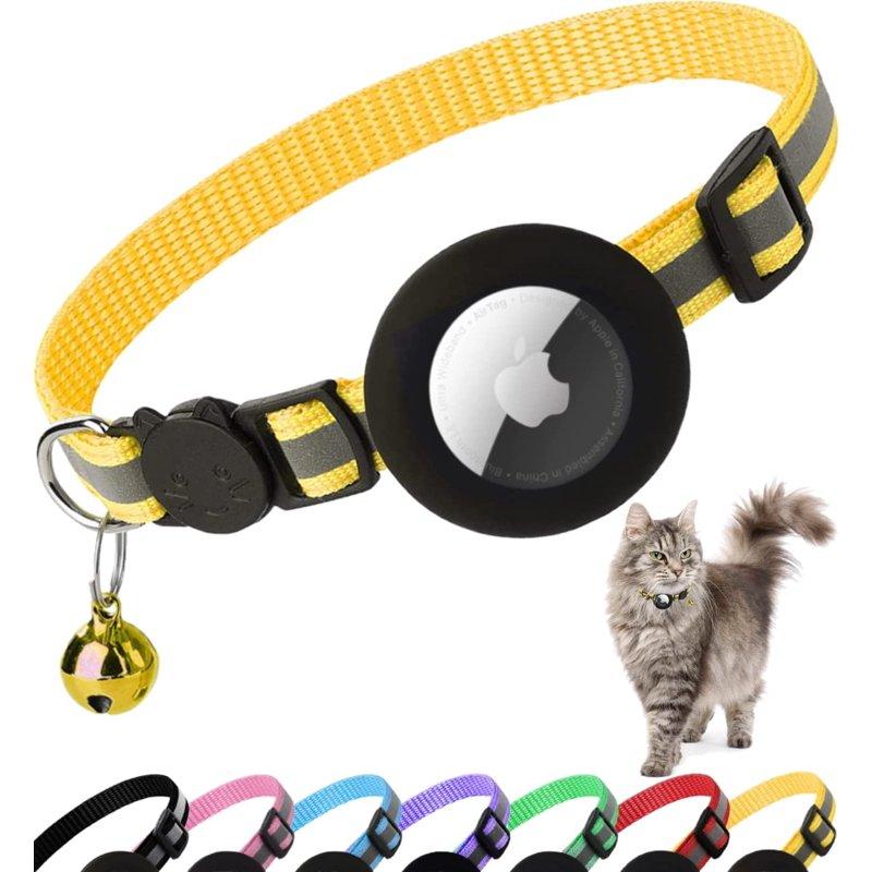 Airtag Cat Collar Breakaway Reflective Kitten Collar with Apple Air Tag Holder and Bell for Girl Boy Cats 0.4 Inches in Width and Lightweight(Yellow)