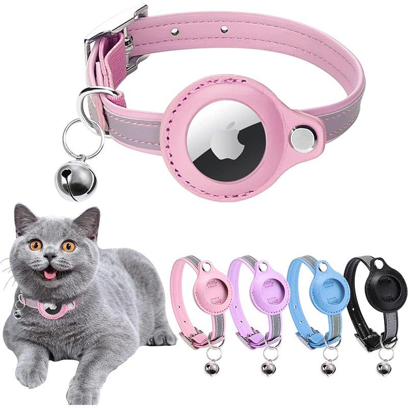 Airtag Cat Collar Cat Collar with Bells Reflective GPS Cat Collar Anti-Lost Cat Tracker Collar Adjustable Leather Cat Collar for Boy Girl Cats or Small Dogs Kittens and Puppies (XS Pink)