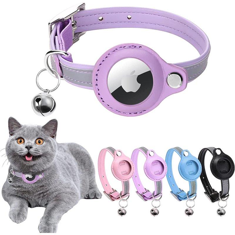 Airtag Cat Collar Cat Collar with Bells Reflective GPS Cat Collar Anti-Lost Cat Tracker Collar Adjustable Leather Cat Collar for Boy Girl Cats or Small Dogs Kittens and Puppies (S Purple)