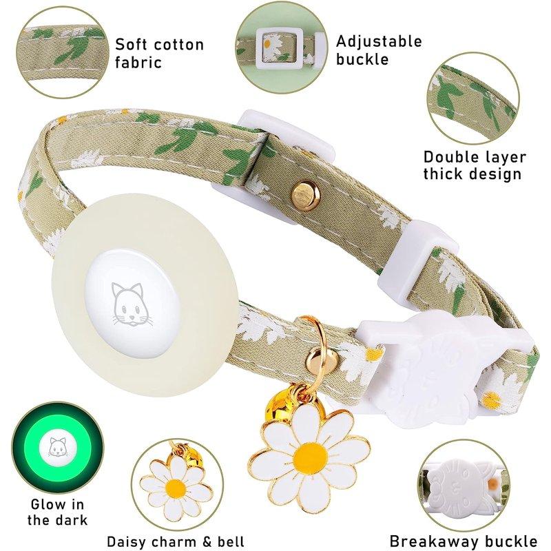 Airtag Cat Collar Kitten Collar Breakaway With Silicone Airtag Holder Bells & Flower Charm For Girl Cats Boy Cats Small Dogs(Luminous Green)
