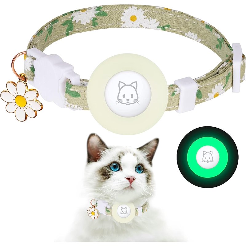 Airtag Cat Collar Kitten Collar Breakaway with Silicone Airtag Holder Bells & Flower Charm for Girl Cats Boy Cats Small Dogs(Luminous Green)