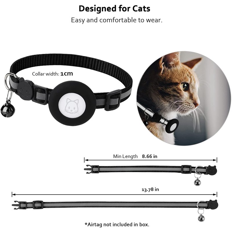 Airtag Cat Collar With Breakaway Bell Reflective Adjustable Strap With Air Tag Case For Cat Kitten (Black)
