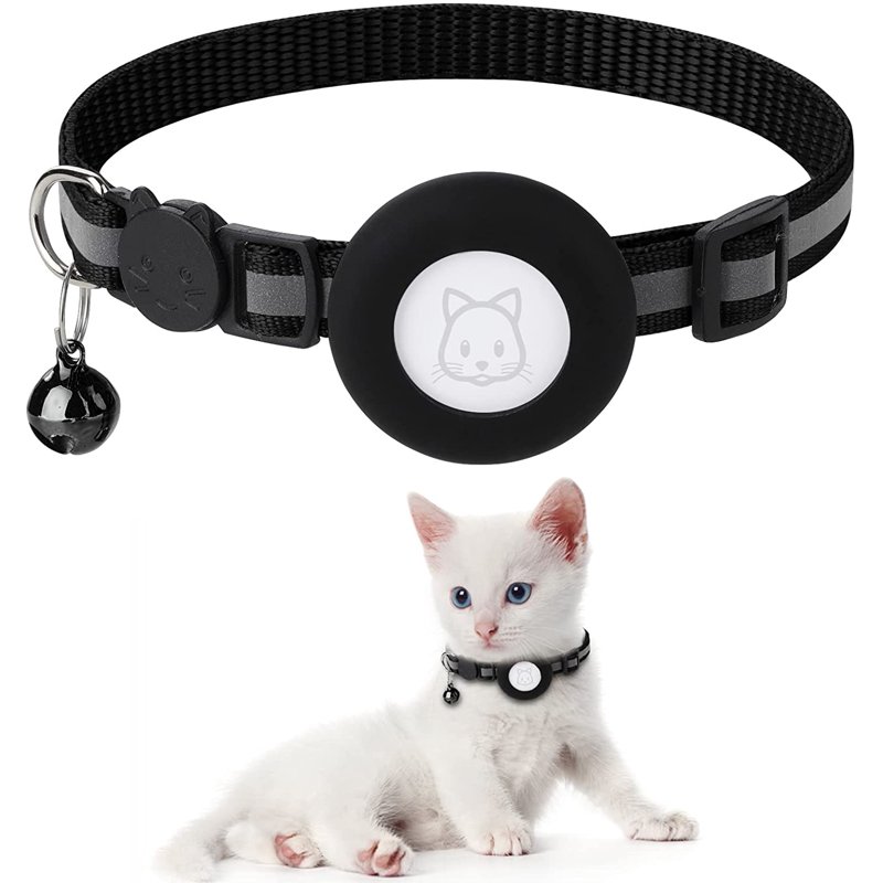 Airtag Cat Collar with Breakaway Bell Reflective Adjustable Strap with Air Tag Case for Cat Kitten (Black)