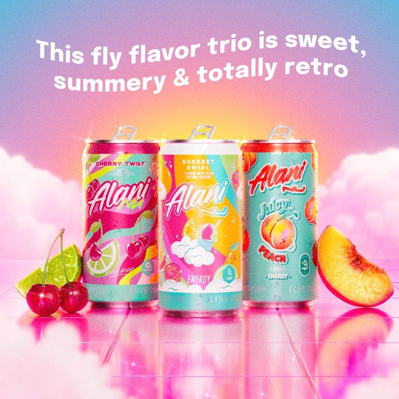 Alani Nu Sugar Free Energy Drink Mini Variety Pack Sherbet Swirl Cherry Twist Juicy Peach 8.4 Fl Oz 12 Pack Cans 100mg Caffeine