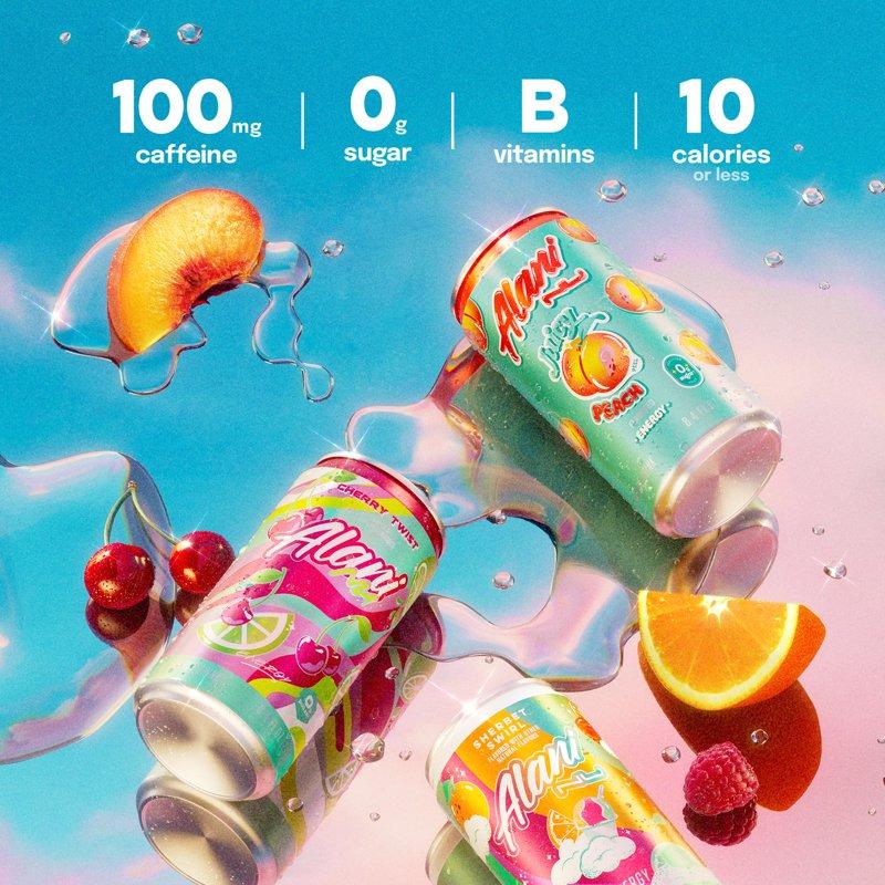 Alani Nu Sugar Free Energy Drink Mini Variety Pack Sherbet Swirl Cherry Twist Juicy Peach 8.4 Fl Oz 12 Pack Cans 100mg Caffeine