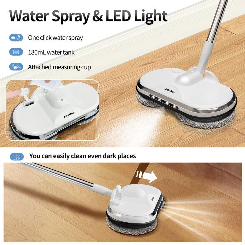 AlfaBot Cordless Electric Mop For Floor Cleaning Electric Spin Mop Electric Mop With Water Sprayer And LED Headlight Lightweight & Rechargeable Floor Scrubber For Hardwood Tile Floors