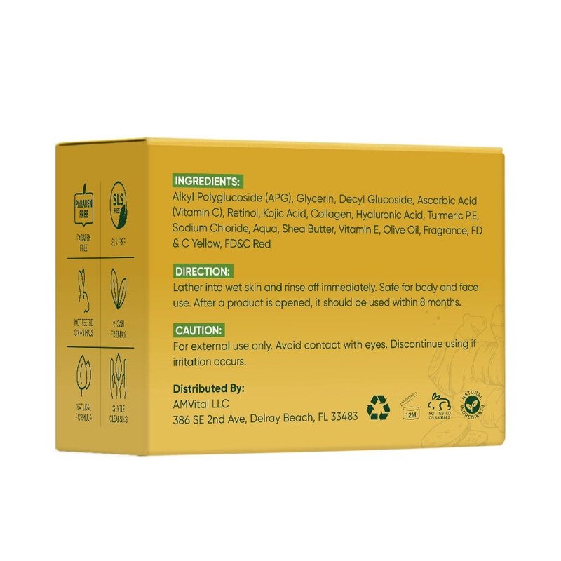 AMVital Kojic Acid Soap For Dark Spots Turmeric Soap For Face & Body With Hyaluronic Acid Vitamin C Vitamin E Shea Butter Castile Olive Oil (2 Pack)