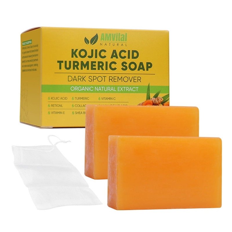 AMVital Kojic Acid Soap for Dark Spots Turmeric Soap for Face & Body with Hyaluronic Acid Vitamin C Vitamin E Shea Butter Castile Olive Oil (2 Pack)