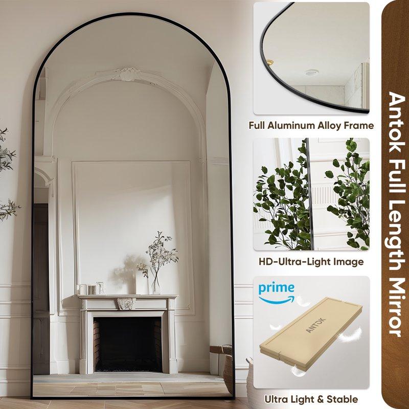 Antok 71"x28" Arched Full Length Floor Mirror With Stand Aluminum Frame Black