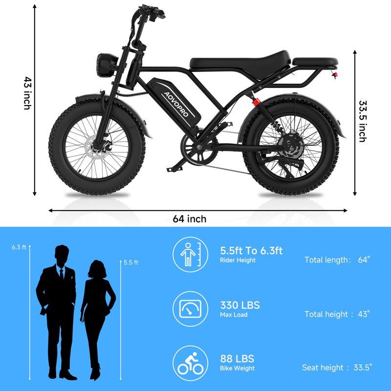 AOVOPRO AP20 Electric Bike For Adults 20 X 4.0 Fat Tire 750W Off-Road E Bike E-Mountain Bike 48V 15.6AH UL2849