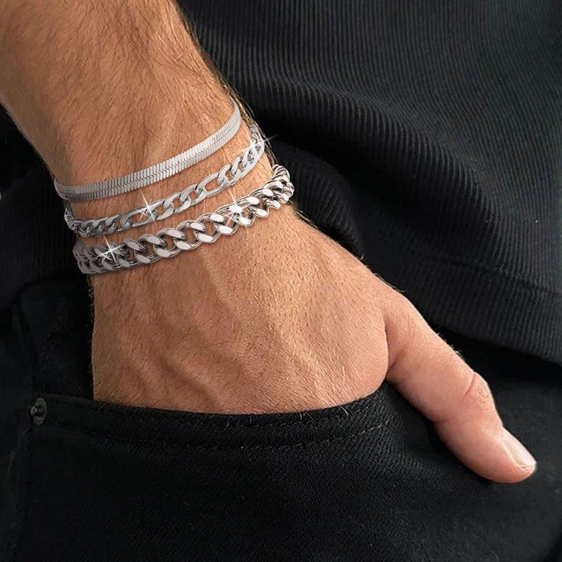 APSVO 3 Pcs Sterling Silver Bracelets For Men Women Boys Charm Bracelet Cuban Link Curb Figaro Herringbone Chain Bracelets Set Jewelry Birthday Gifts Ideas Teen Kids 6.5/7/7.5/8.3/9 Inch