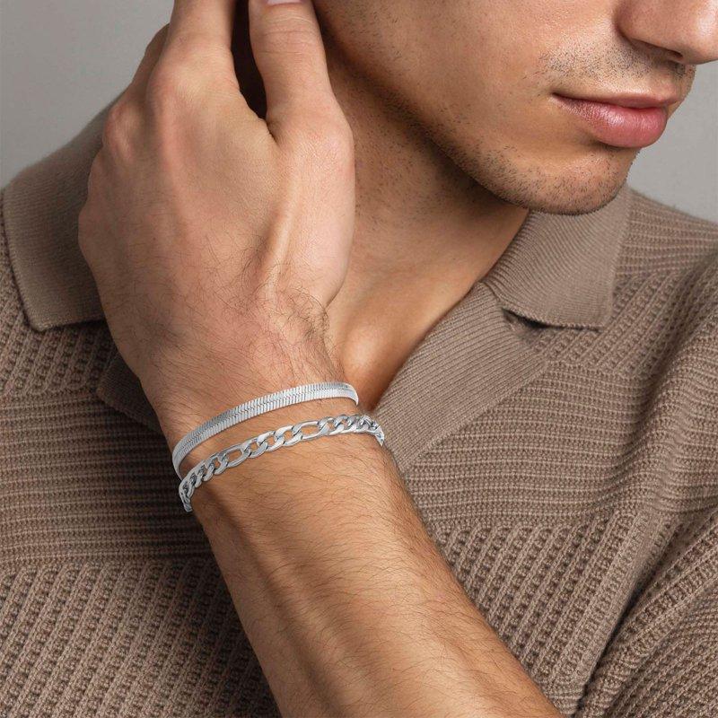 APSVO 3 Pcs Sterling Silver Bracelets For Men Women Boys Charm Bracelet Cuban Link Curb Figaro Herringbone Chain Bracelets Set Jewelry Birthday Gifts Ideas Teen Kids 6.5/7/7.5/8.3/9 Inch