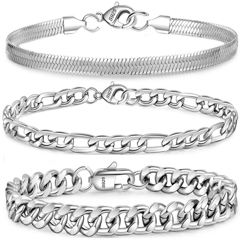 APSVO 3 Pcs Sterling Silver Bracelets for Men Women Boys Charm Bracelet Cuban Link Curb Figaro Herringbone Chain Bracelets Set Jewelry Birthday Gifts Ideas Teen Kids 6.5/7/7.5/8.3/9 Inch