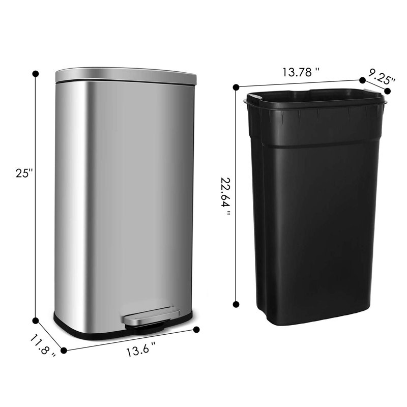 Arlopu 8 Gallon Stainless Steel Trash Can With Lid Rectangular Kitchen Garbage Can With Step Pedal & Inner Bucket For Bathroom Living Room