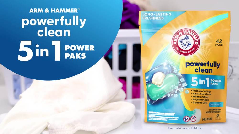 ARM & HAMMER Clean Burst 5-in-1 Laundry Detergent Power Paks Powerfully Clean Clean Burst Scent 42 Count