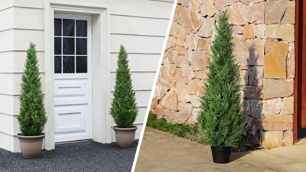 Artificial Cedar Tree 2 Pack 3 Ft Outdoor Artificial Topiary Cedar Plants Fake Tree UV Rated Potted Plants For Porch Decor Faux Pine Tree For Perfect Housewarming Gift