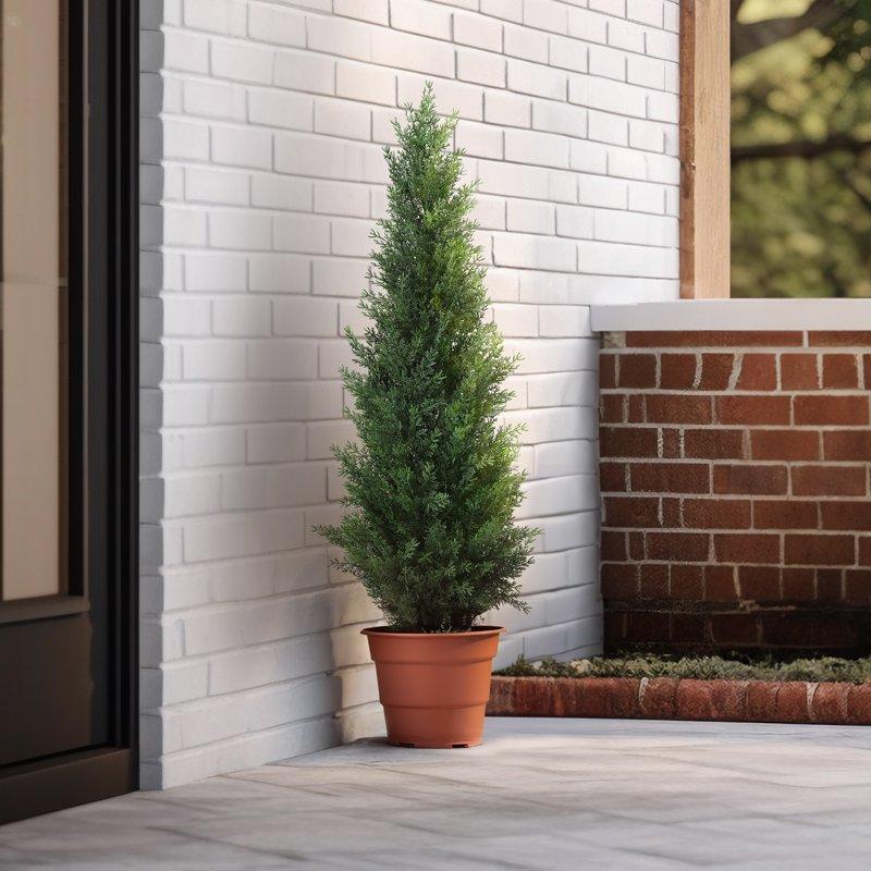 Artificial Cedar Tree 2 Pack 3 Ft Outdoor Artificial Topiary Cedar Plants Fake Tree UV Rated Potted Plants For Porch Decor Faux Pine Tree For Perfect Housewarming Gift