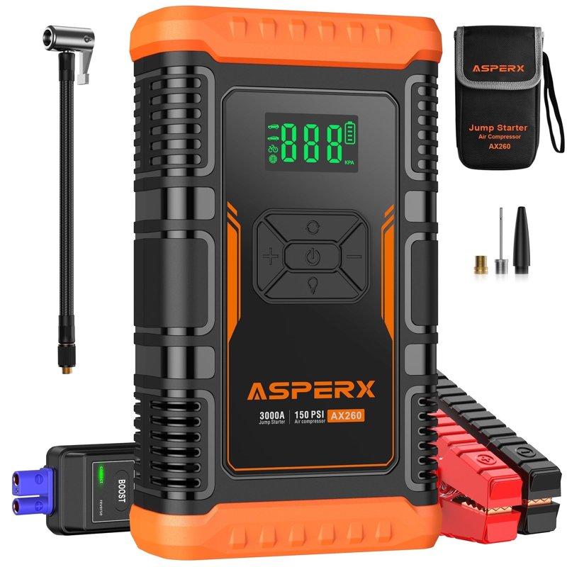 ASPERX 2 IN 1 Car Jumper Box With Air Compressor(Up To 10L Gas/8.0L Diesel Engines) 3000A Battery Jump Starter With USB Fast Charging Portable Battery Booster For 12V Car SUV Vehicles