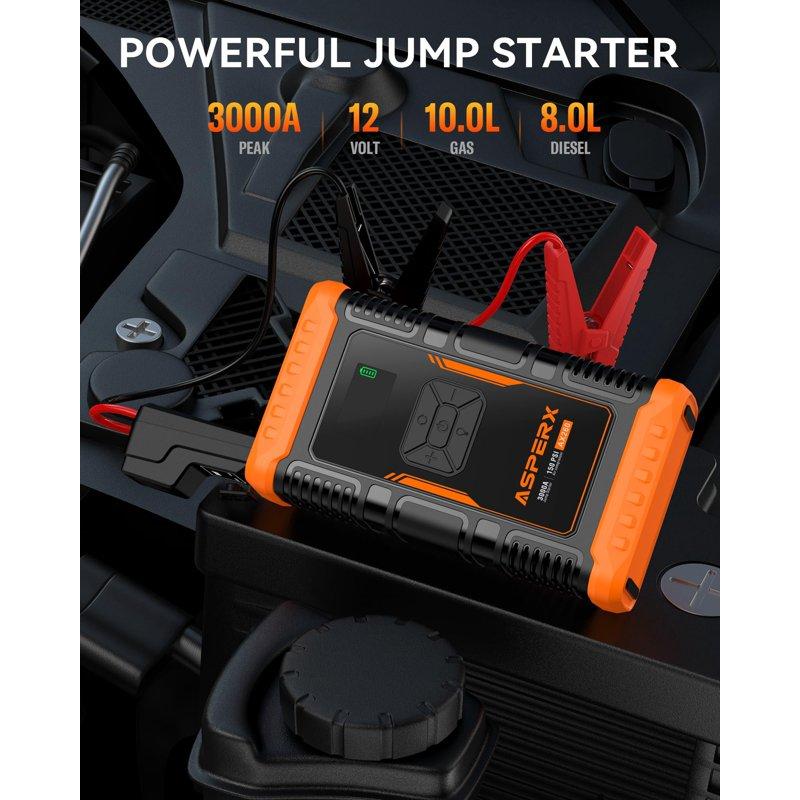 ASPERX 2 IN 1 Car Jumper Box With Air Compressor(Up To 10L Gas/8.0L Diesel Engines) 3000A Battery Jump Starter With USB Fast Charging Portable Battery Booster For 12V Car SUV Vehicles