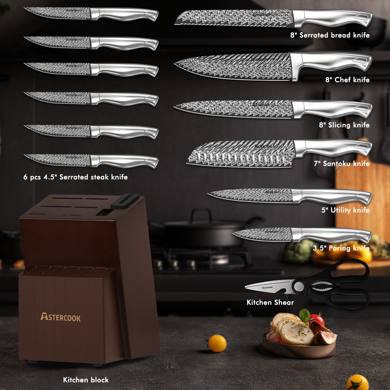 Astercook 14 Piece Kitchen Knife Set With Block And Built-in Sharpener Full Tang Knives Sets German Stainless Steel Dishwasher Safe Silver