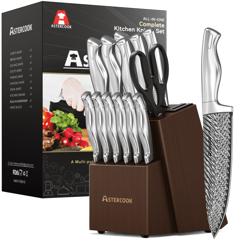 Astercook 14 Piece Kitchen Knife Set with Block and Built-in Sharpener Full Tang Knives Sets German Stainless Steel Dishwasher Safe Silver