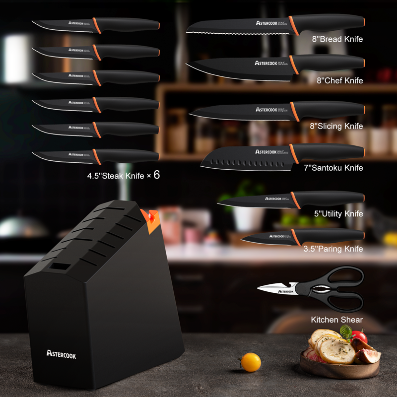 Astercook 14-Piece Kitchen Knife Set With Block High Carbon German Stainless Steel Built-in Sharpener Dishwasher Safe Black